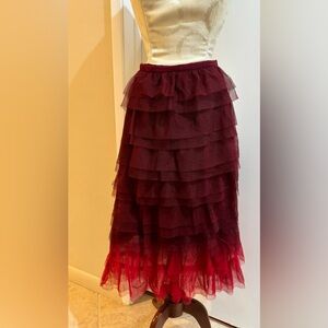 Cotré Ombré Ruffled Tiered Tulle Wine Maroon Red Pull On Lined Midi Skirt M